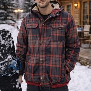 686 Woodland Insulated 10K Plaid Snowboard Ski Jacket Red Brown Black